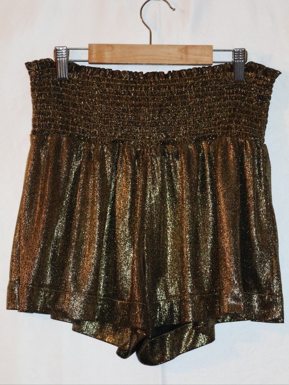 Pants Store High-Waist Shimmery Metallic Gold Fly Away Swing Shorts.